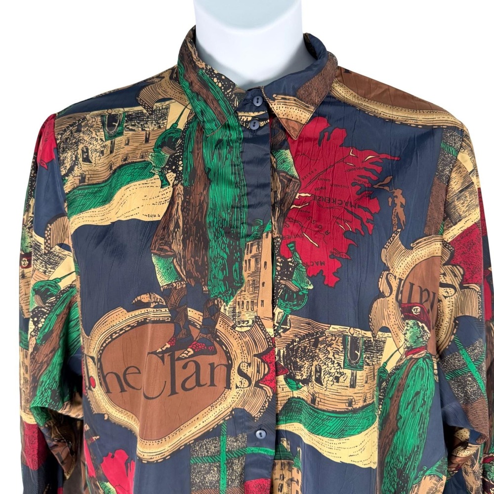 Lady Shapely Vtg The Clans Scottish Bagpiper Button Up Shirt 22W 42 Art To Wear